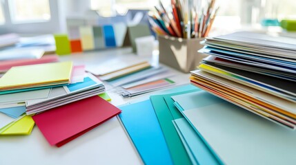 A collection of colorful papers, stacks of paper, and pencils on a white table.