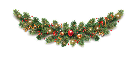 Square banner with Christmas symbols. Green Christmas tree, red berries, color balls on a white background. Header for your website template.
