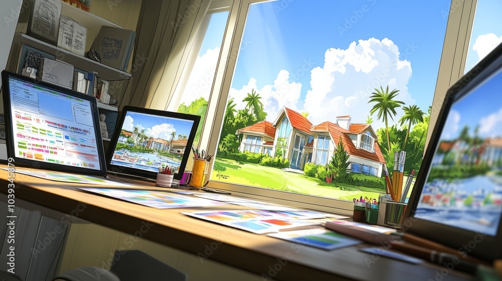 Poster a desk with two computers, one displaying a design of a house with a yard, the other showing a color