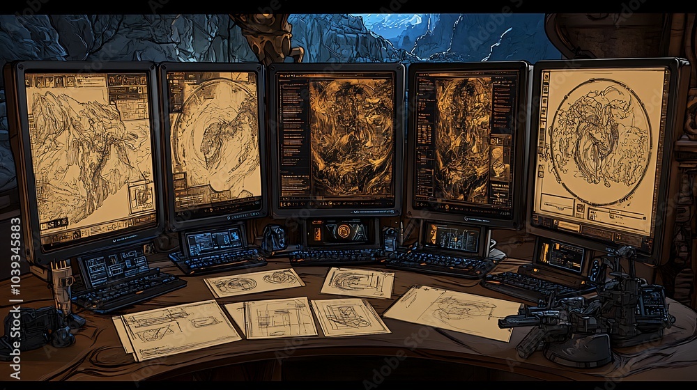 Poster A desk with four monitors displaying maps and a few sketches on the table.