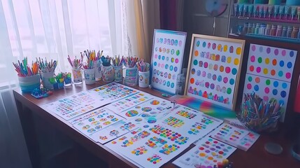 A desk with a variety of colorful art supplies and papers.