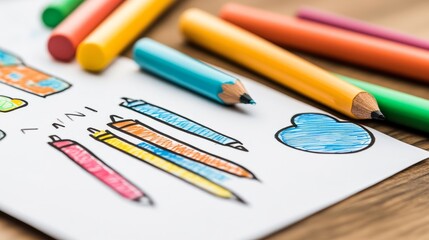 A drawing of colored pencils on a white sheet of paper with colored pencils laying on a wooden table.