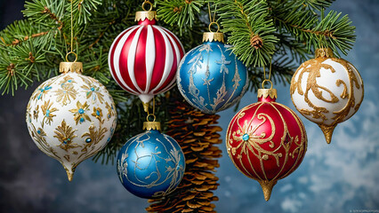 AI-generated images of elegant colorful Christmas tree ornaments that capture the Christmas spirit 