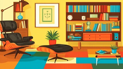 A mid-century modern living room with a leather armchair, ottoman, bookshelf, plant, and a colorful rug.