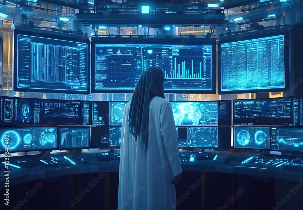 Poster a person in a white robe stands in front of a wall of screens displaying data and graphs.