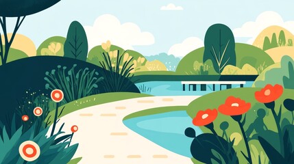Obraz premium Serene Landscape with Pathway and Blossoming Flowers in Nature