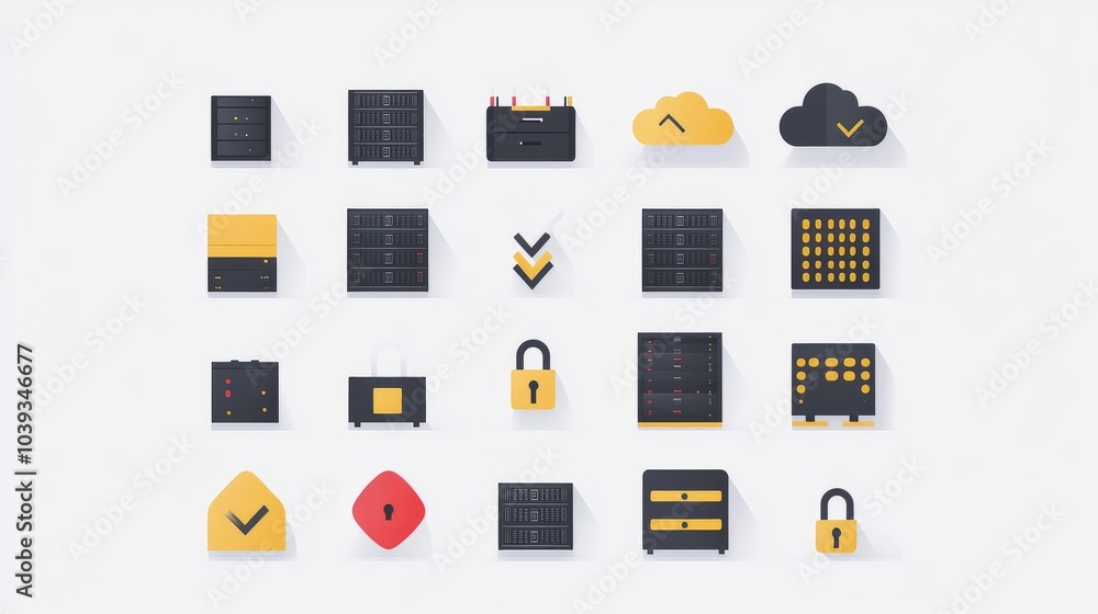 Poster a set of flat design icons related to data security, cloud computing and technology.