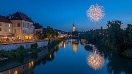 Naklejka premium Tranquil Evening by the River with Fireworks Display