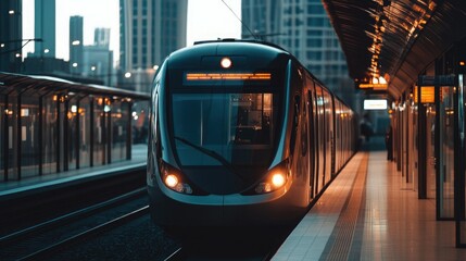A close-up of the front of an electric train, highlighting its streamlined design and illuminate