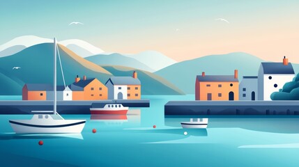 Naklejka premium Tranquil Coastal Scene with Boats and Colorful Houses at Dawn