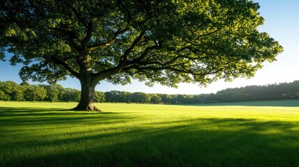 Fototapeta premium Lush green tree on spacious grassy field under clear blue sky