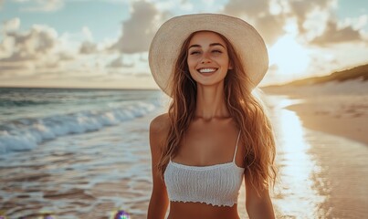 Smiling woman walking at the beach, Generative AI