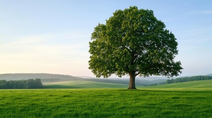 Fototapeta premium Lone tree in a green field under a clear sky during early morning light.
