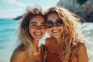 Fototapeta premium Woman friends enjoying a day on the beach, Generative AI