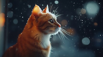 A cat watching raindrops on the window at night, with soft light enhancing its expression and fur texture, creating a captivating scene for a poster, space for promotional text