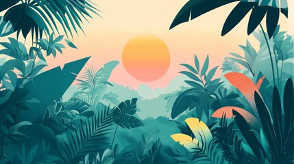 Vibrant Jungle Sunset with Lush Foliage and Warm Colors