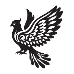 Black and white stylized bird silhouette with intricate details.