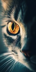 A dramatic shot of a cat's face partially illuminated by light from a window, emphasizing its unique markings and vivid eyes, designed for commercial use, ample space for text