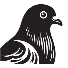 Black and white stylized pigeon head.