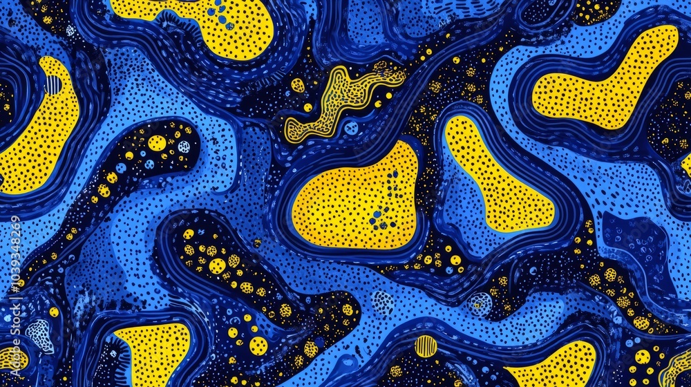 Poster abstract blue and yellow pattern with dots and swirls.
