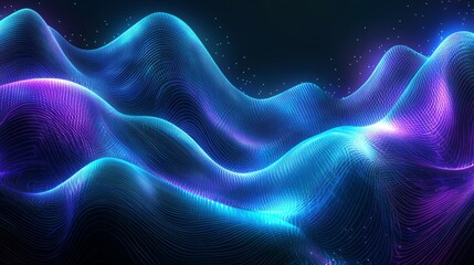 Obraz premium Abstract blue and purple glowing grid with waves on black background.