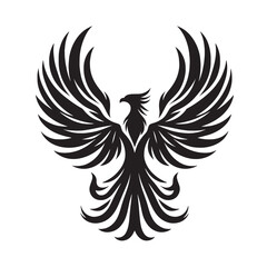 Black and white vector illustration of a phoenix with spread wings.