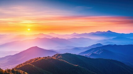 Obraz premium Serene mountain landscape at sunrise with vibrant colors.
