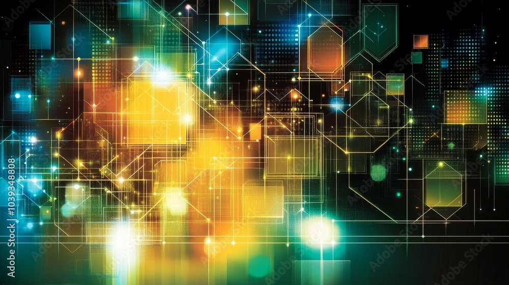Poster abstract digital network background with glowing lights and geometric shapes.