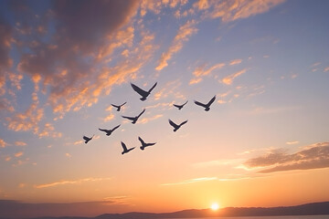 Obraz premium Migrating birds flying at sunset