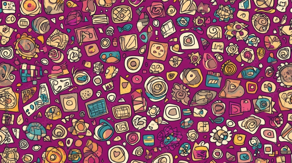 Poster Abstract Geometric Pattern with Swirls and Shapes on Magenta Background.