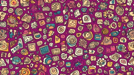 Abstract Geometric Pattern with Swirls and Shapes on Magenta Background.