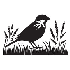 Obraz premium Black silhouette of a bird standing in a grass field with wheat stalks behind it.