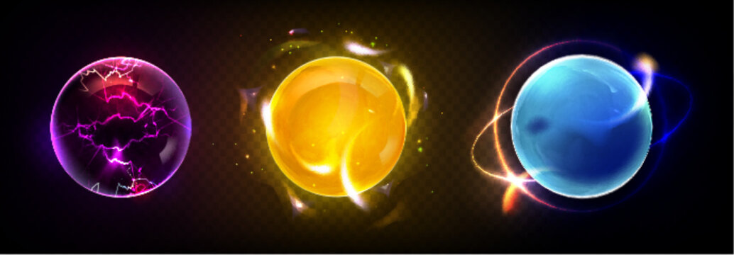 Bright glowing magic energy ball with lightnings, neon plasma and burning fire. Realistic 3d vector set of purple, yellow and blue power sphere with light effect. Futuristic fantasy fireball.