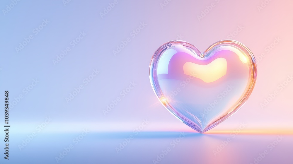 Poster a transparent heart shape with glowing edges, set against a soft gradient background, representing e