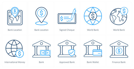 A set of 10 finance icons as bank location, signed cheque, world bank