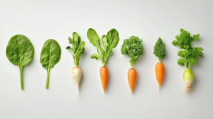 A variety of leafy greens and root vegetables, including spinach, kale, and carrots, neatly displayed on a white background.