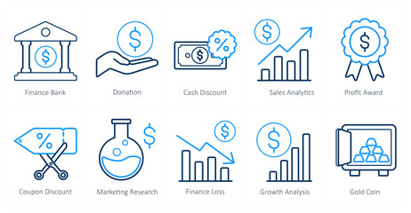 A set of 10 finance and money icons as finance bank, donation, cash discount