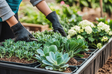 A gardener plants seedlings of greenery or flowers, hands in gardening gloves. Spring sustainable gardening