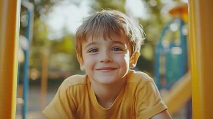 A young boy with blond hair smiles at the camera while holding onto a yellow pole on a playground.