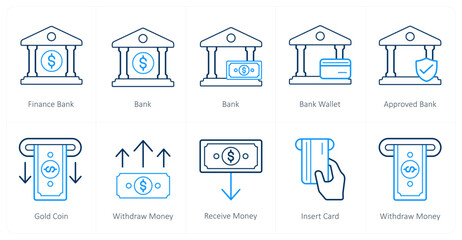 A set of 10 finance icons as finance bank, bank, bank wallet