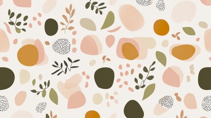 Fototapeta premium Abstract seamless pattern with organic shapes, leaves, and dots in muted colors.