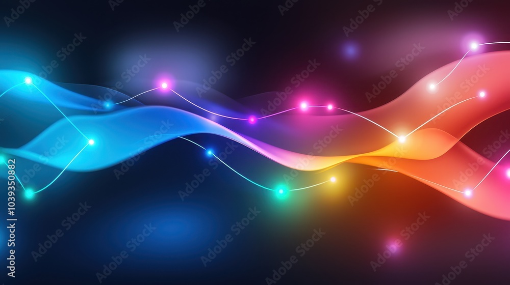 Poster abstract digital wave pattern with bright red, green, and blue nodes linked by glowing circuit paths
