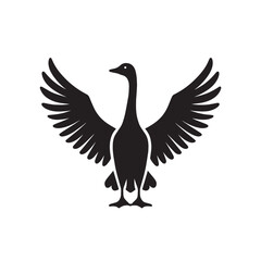 Black silhouette of a goose with wings spread.