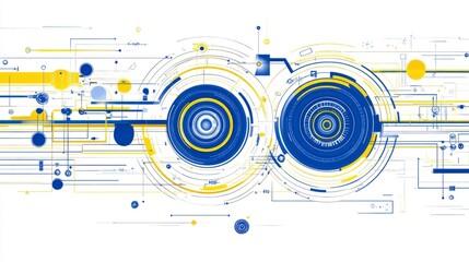 Obraz premium Abstract technology design with circles, lines and dots in blue and yellow colors.