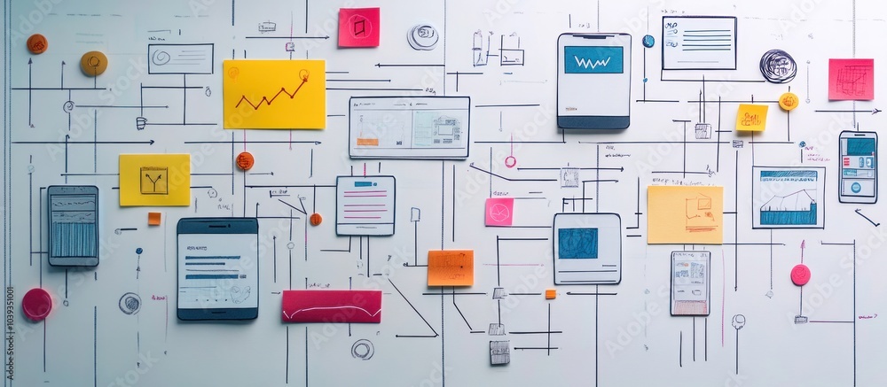 Poster whiteboard with connected devices, apps, and sticky notes, showing a complex digital network.