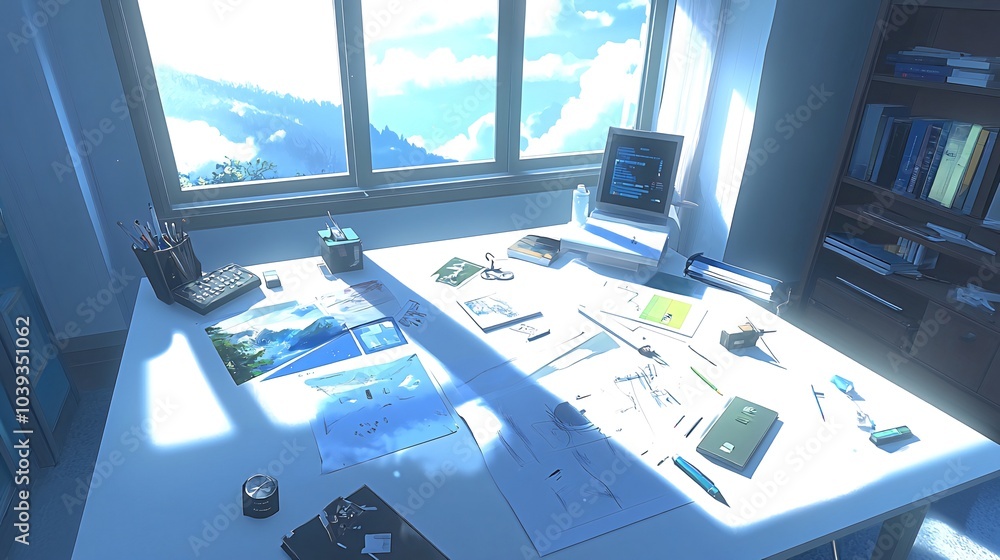 Poster an artist's workspace with a view of mountains and clouds.