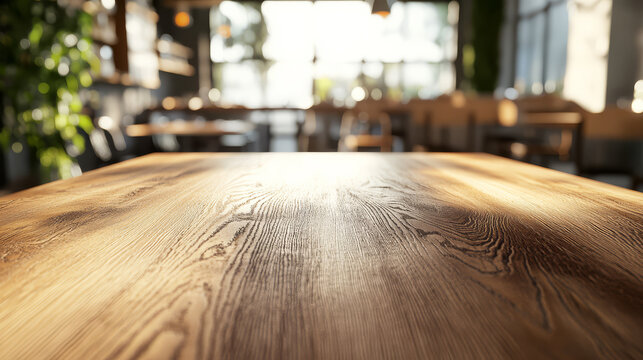 smooth, empty oak table in sunlit, cozy cafe setting, with blurred background and warm ambiance. natural wood grain adds touch of Nordic design elegance