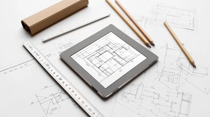 Architect's desk with tablet, pencils, and blueprints.