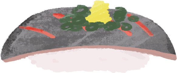 Hand-drawn color illustration of aji nigirizushi