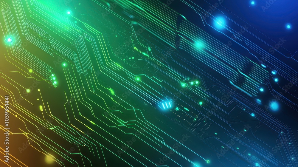 Poster abstract technology background with glowing green and blue circuits forming a dynamic tech pattern.